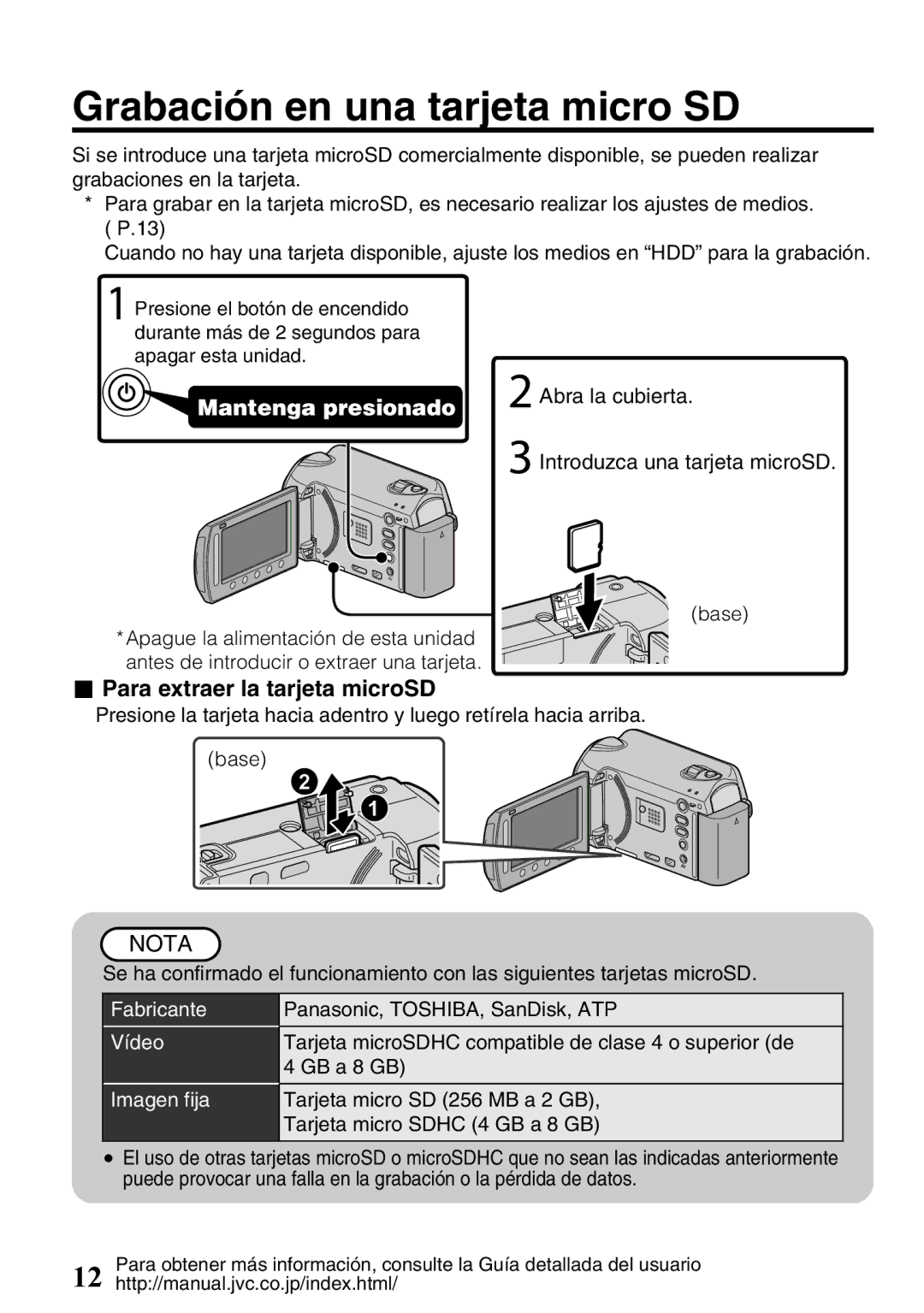 JVC GZ-HD620U manual Grabación en una tarjeta micro SD, Para extraer la tarjeta microSD, Introduzca una tarjeta microSD 