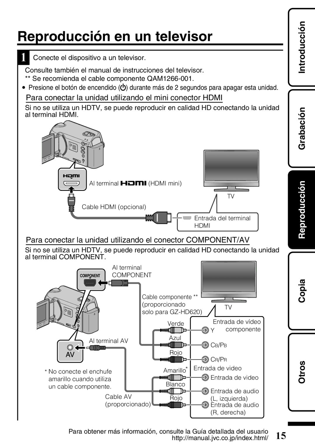 JVC GZ-HD620U manual Reproducción en un televisor, Copia, Para conectar la unidad utilizando el mini conector Hdmi 