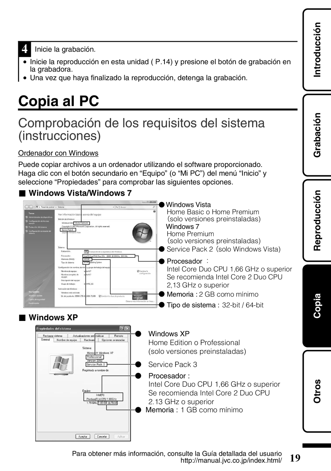 JVC GZ-HD620U manual Copia al PC, Comprobación de los requisitos del sistema instrucciones 