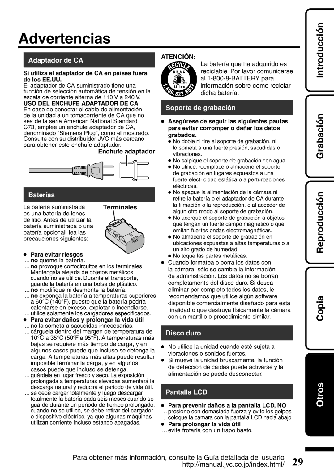 JVC GZ-HD620U manual Advertencias 