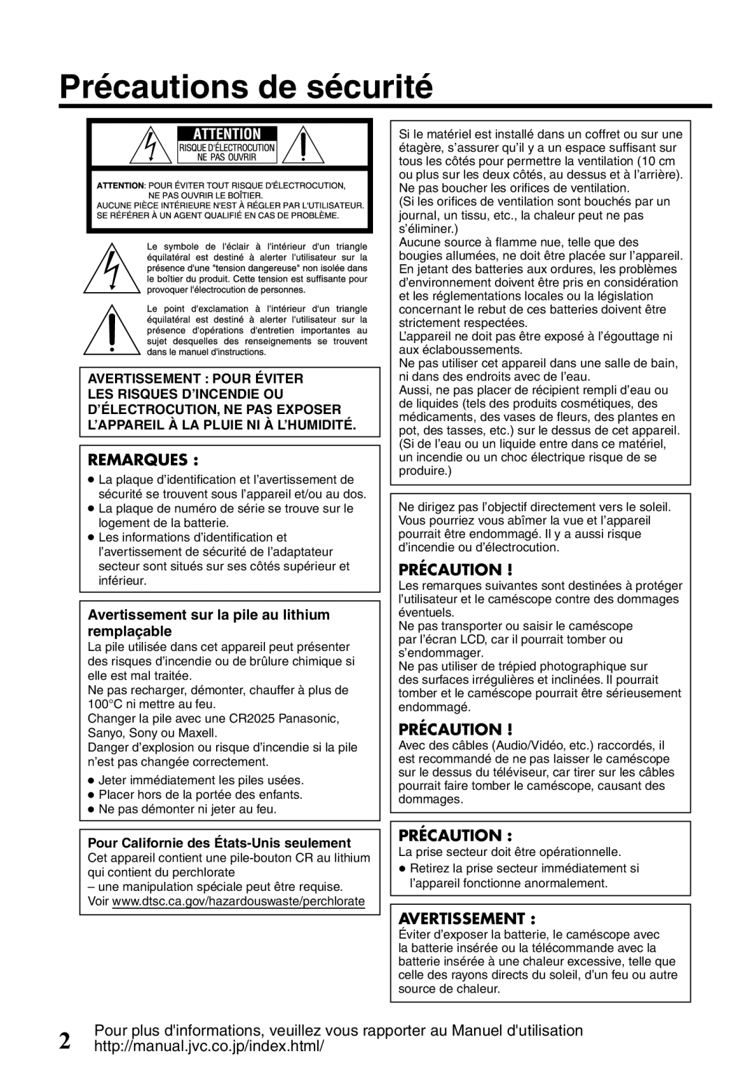 JVC GZ-HD620U manual Précautions de sécurité, Avertissement sur la pile au lithium remplaçable 