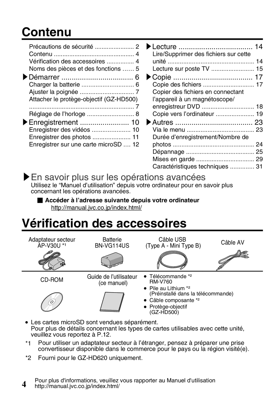 JVC GZ-HD620U manual Contenu, Vérification des accessoires 