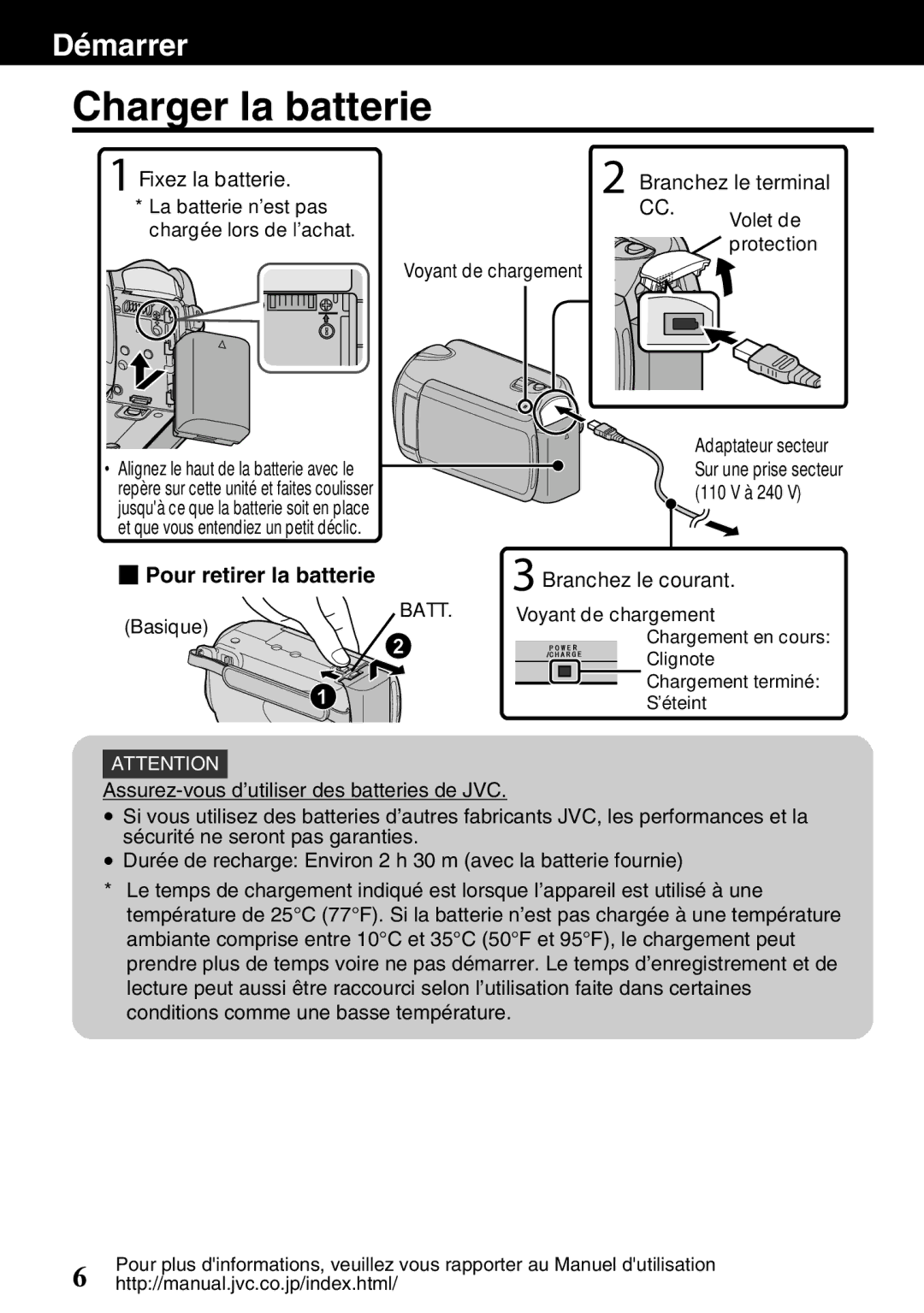 JVC GZ-HD620U manual Charger la batterie, Fixez la batterie, Branchez le terminal, Branchez le courant 