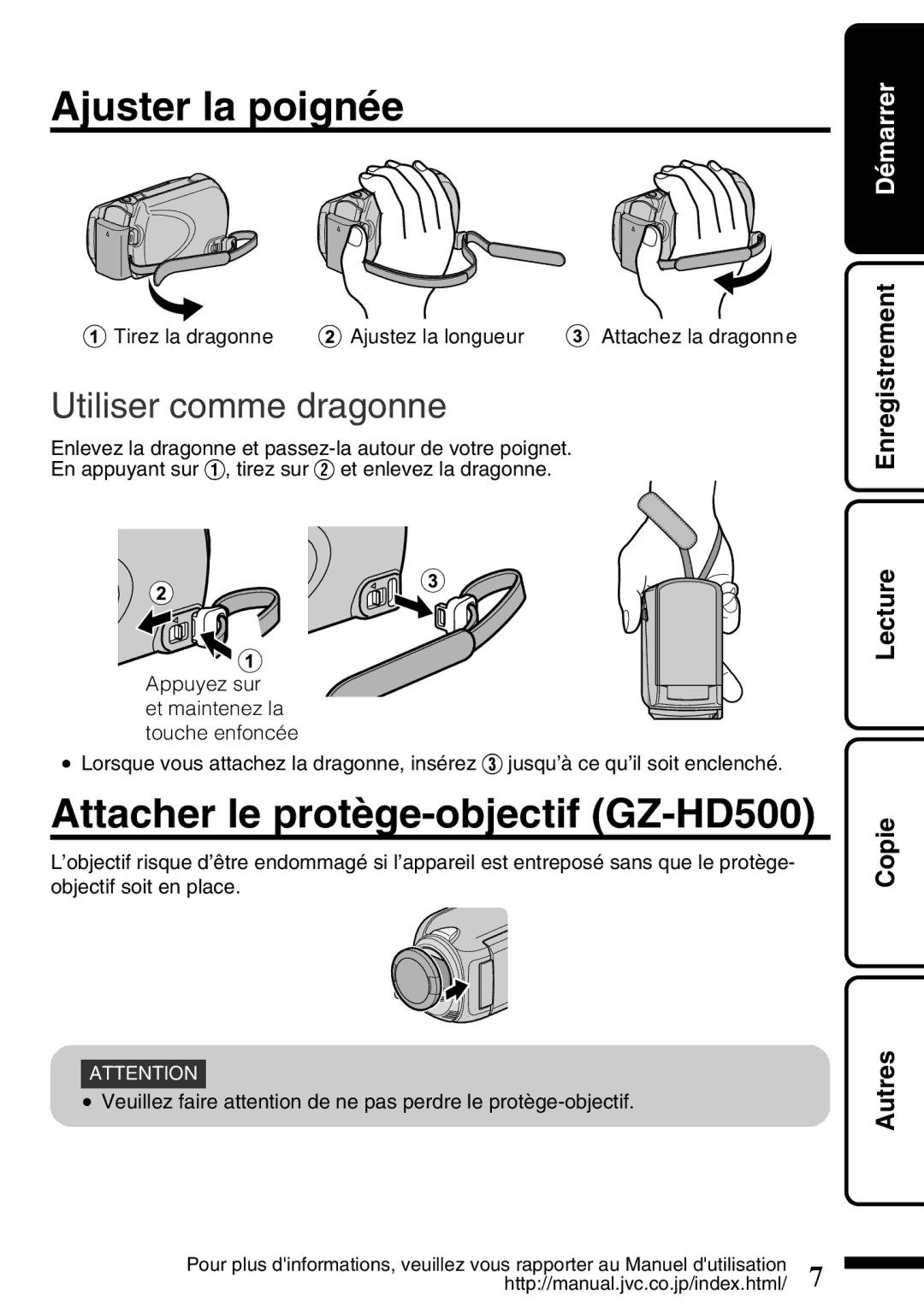 JVC GZ-HD620U manual Ajuster la poignée, Attacher le protège-objectif GZ-HD500, Utiliser comme dragonne, Copie 