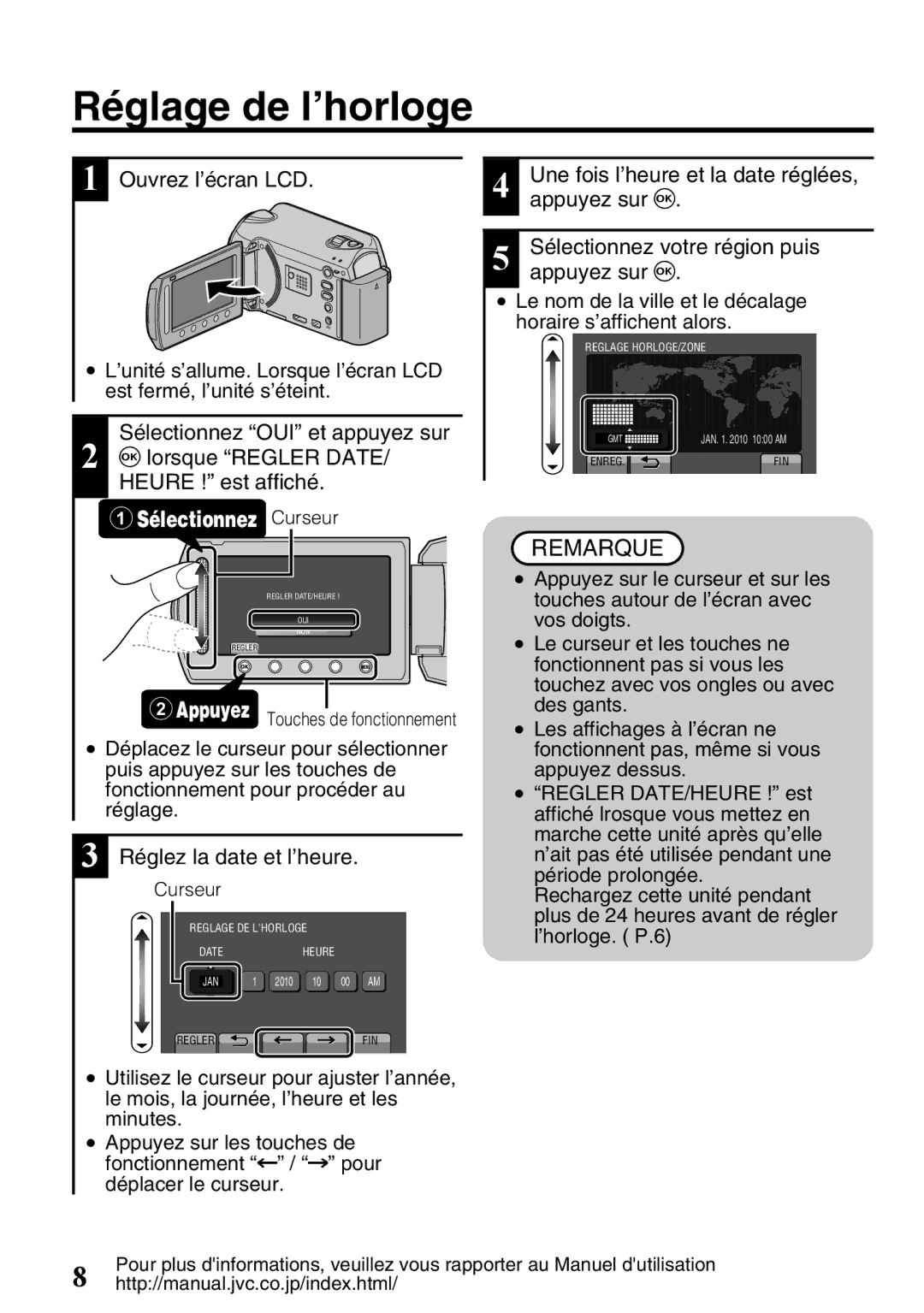 JVC GZ-HD620U manual Réglage de l’horloge, Appuyez 