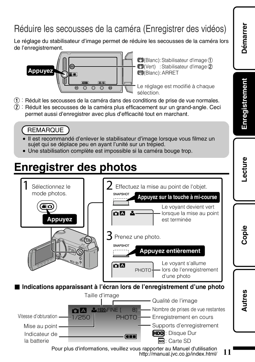 JVC GZ-HD620U manual Enregistrer des photos, Démarrer 