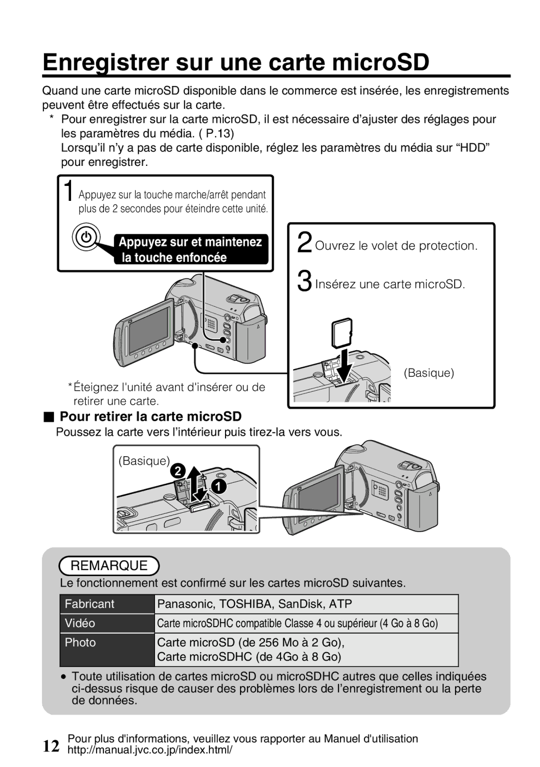 JVC GZ-HD620U manual Enregistrer sur une carte microSD, Pour retirer la carte microSD, Fabricant, Vidéo, Photo 