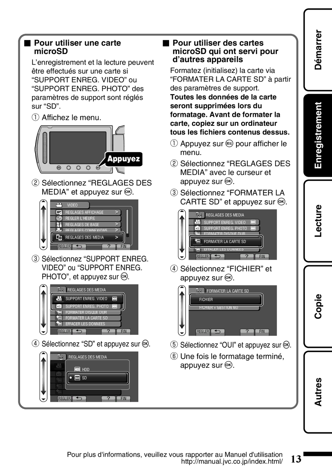 JVC GZ-HD620U manual Pour utiliser une carte microSD, ② Sélectionnez Reglages DES Media et appuyez sur C 