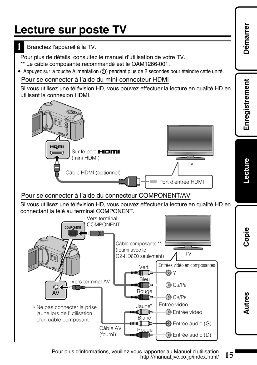 JVC GZ-HD620U manual Lecture sur poste TV, Pour se connecter à l’aide du mini-connecteur Hdmi 