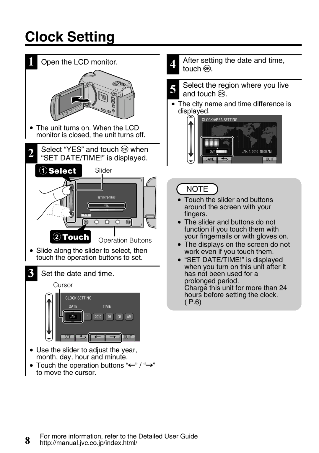 JVC GZ-HD620U manual Clock Setting, Open the LCD monitor, Select YES and touch C when SET DATE/TIME! is displayed 