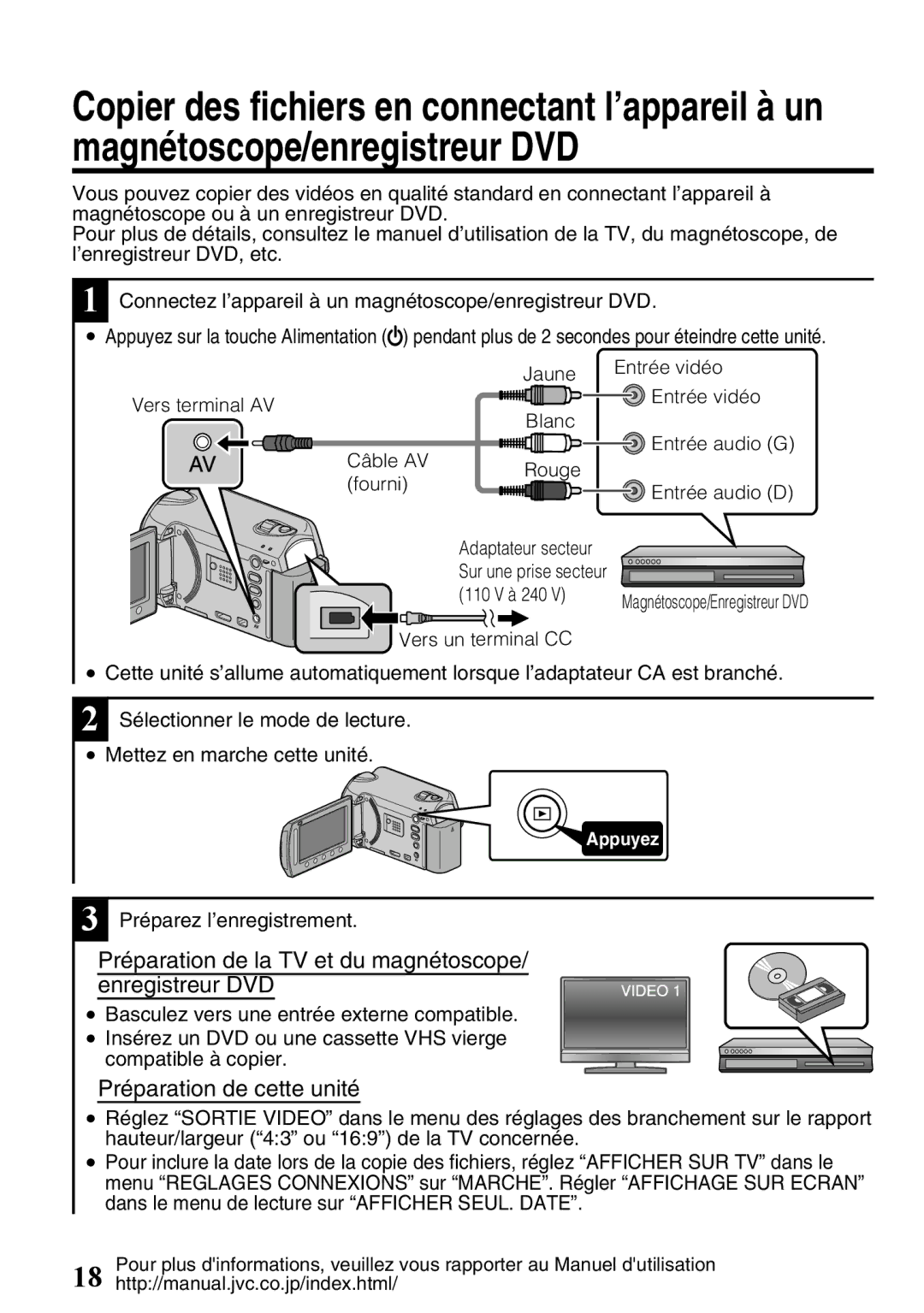 JVC GZ-HD620U Préparation de la TV et du magnétoscope/ enregistreur DVD, Préparation de cette unité, Adaptateur secteur 