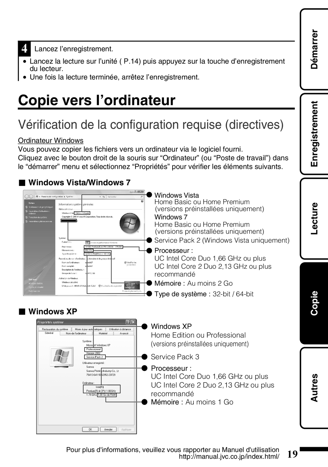 JVC GZ-HD620U manual Copie vers l’ordinateur, AutresCopieLecture Enregistrement Démarrer 