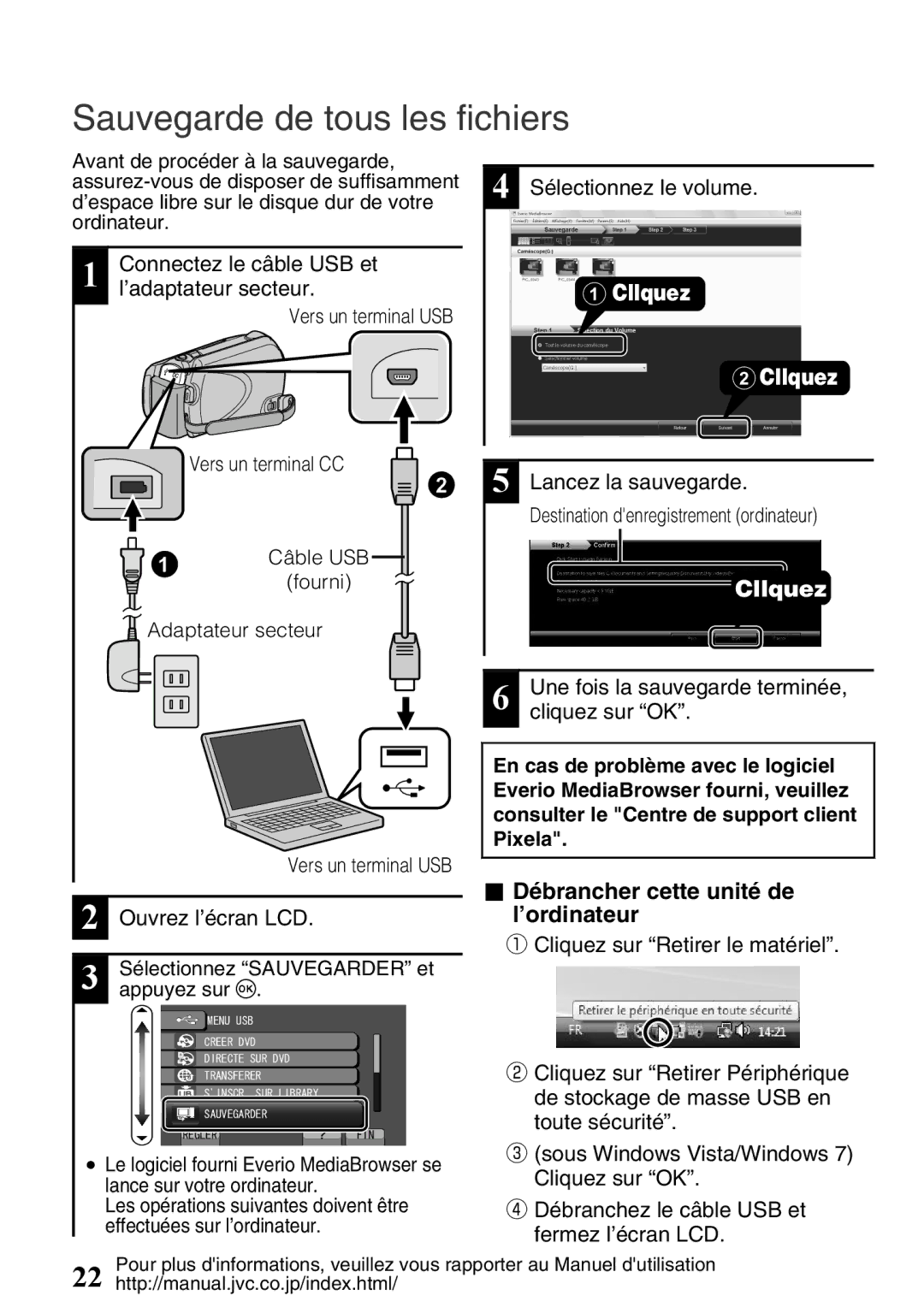 JVC GZ-HD620U manual Sauvegarde de tous les fichiers, Débrancher cette unité de l’ordinateur 