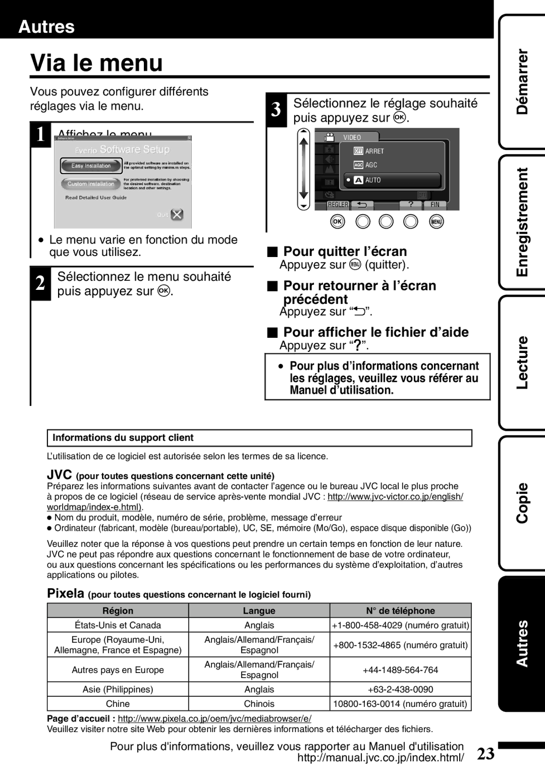 JVC GZ-HD620U manual Via le menu, Pour quitter l’écran, Pour retourner à l’écran précédent, Pour afficher le fichier d’aide 