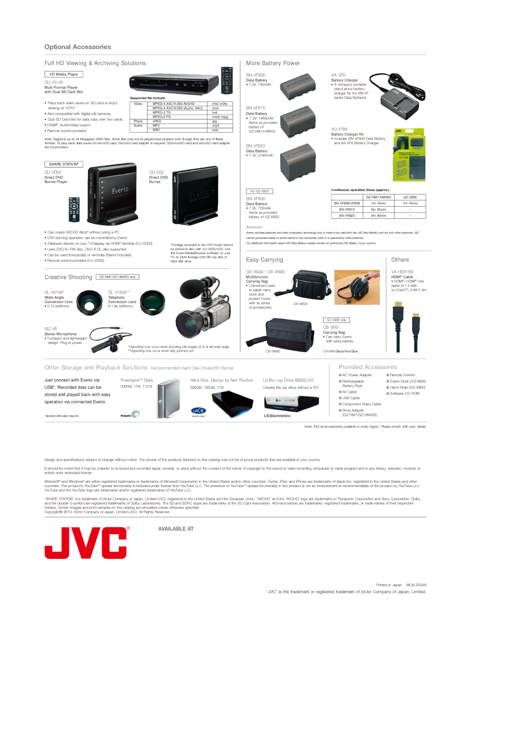 JVC GZ-HM1 manual Optional Accessories, Full HD Viewing & Archiving Solutions More Battery Power 