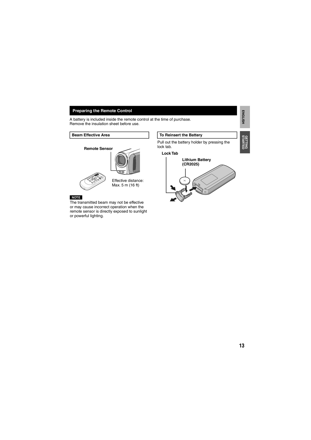 JVC LYT1997-001A-M, GZ-HM200 U Preparing the Remote Control, Beam Effective Area Remote Sensor, To Reinsert the Battery 