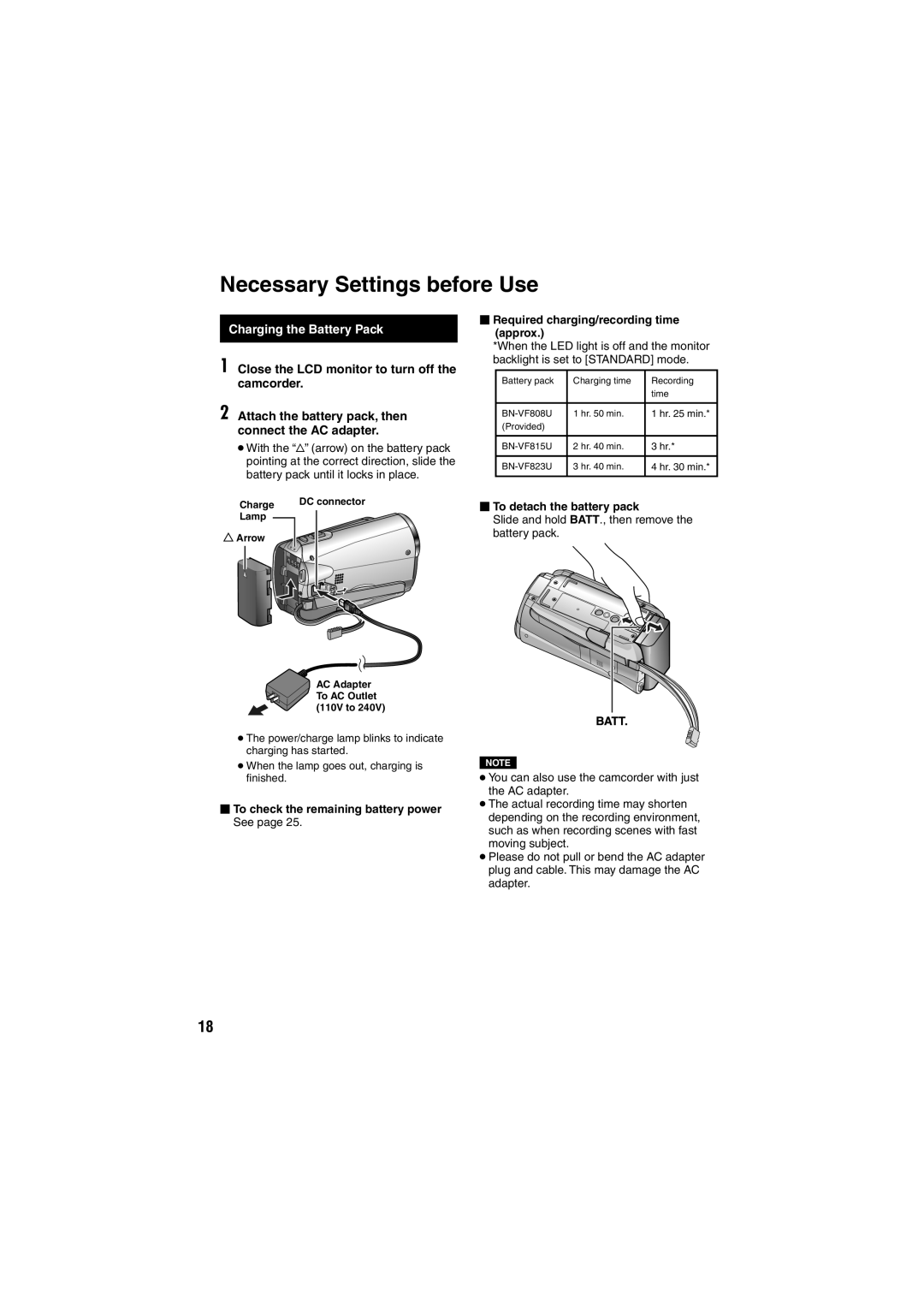 JVC GZ-HM200 U Necessary Settings before Use, Charging the Battery Pack, Close the LCD monitor to turn off the camcorder 