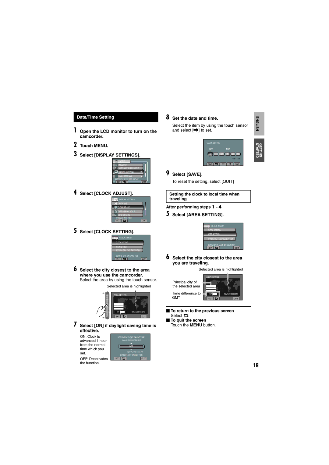 JVC LYT1997-001A-M, GZ-HM200 U instruction manual Date/Time Setting, Touch Menu, Select Clock Adjust 