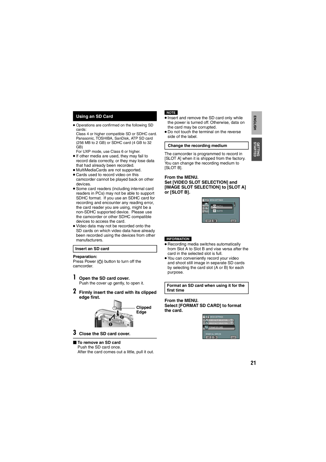 JVC LYT1997-001A-M, GZ-HM200 U Using an SD Card, Open the SD card cover, Firmly insert the card with its clipped edge ﬁrst 