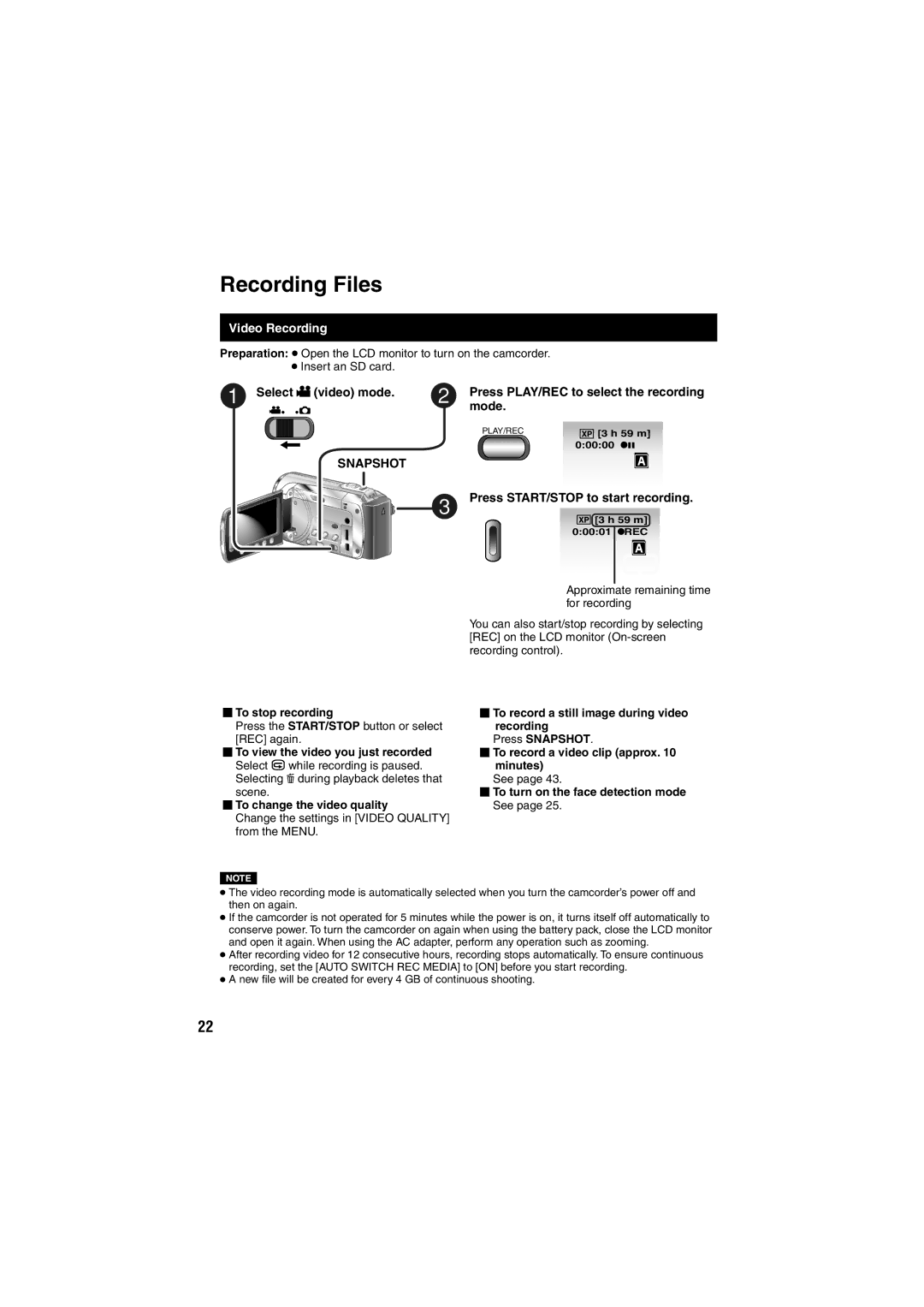 JVC GZ-HM200 U Recording Files, Video Recording, Select ! video mode, Mode, Press START/STOP to start recording 