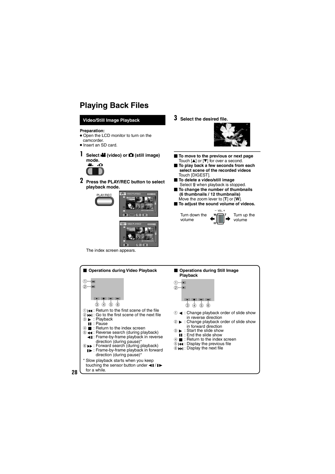 JVC GZ-HM200 U Playing Back Files, Video/Still Image Playback, Select the desired ﬁle,  Operations during Video Playback 