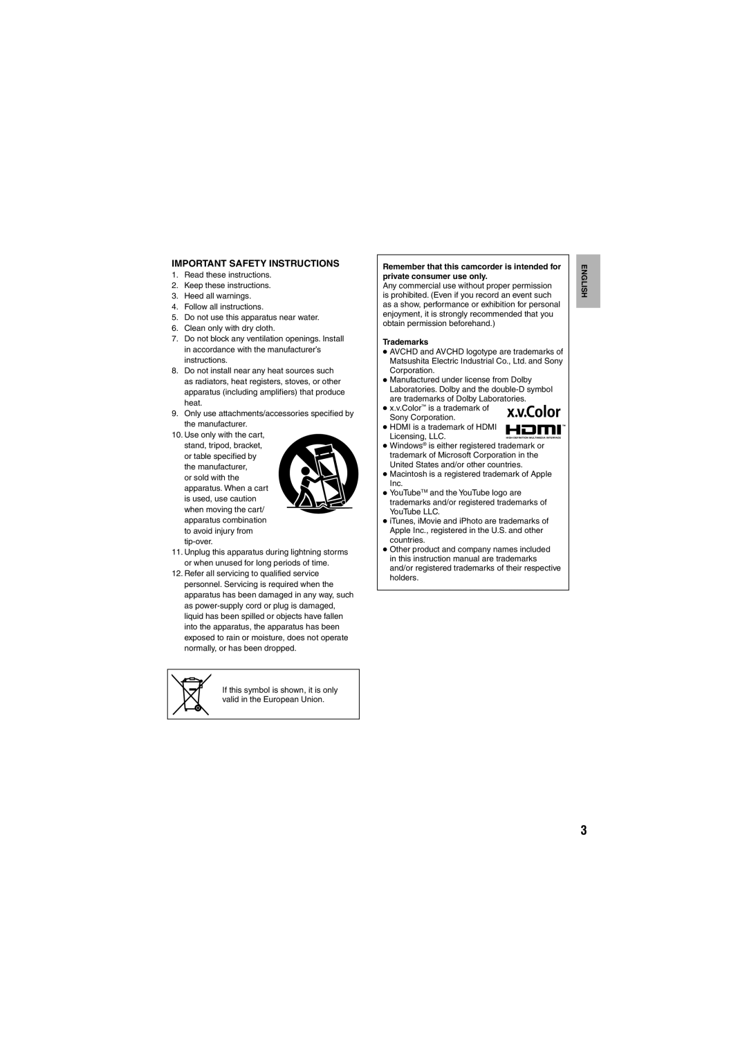 JVC LYT1997-001A-M, GZ-HM200 U instruction manual Important Safety Instructions, Trademarks 