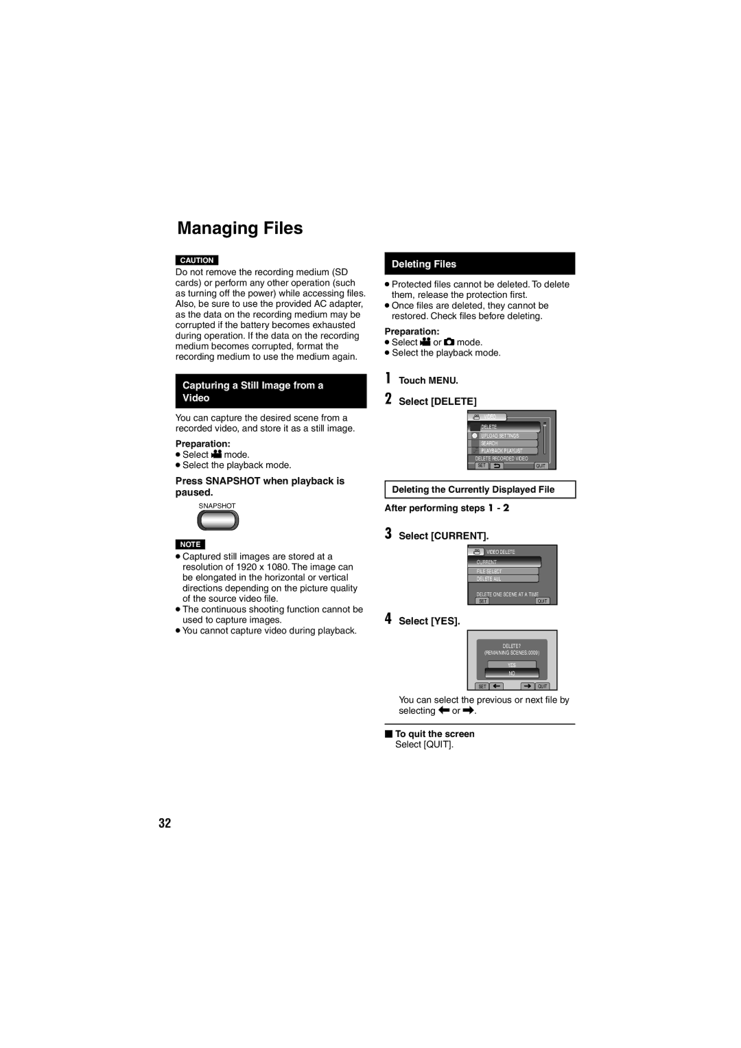 JVC GZ-HM200 U, LYT1997-001A-M instruction manual Managing Files, Capturing a Still Image from a Video, Deleting Files 