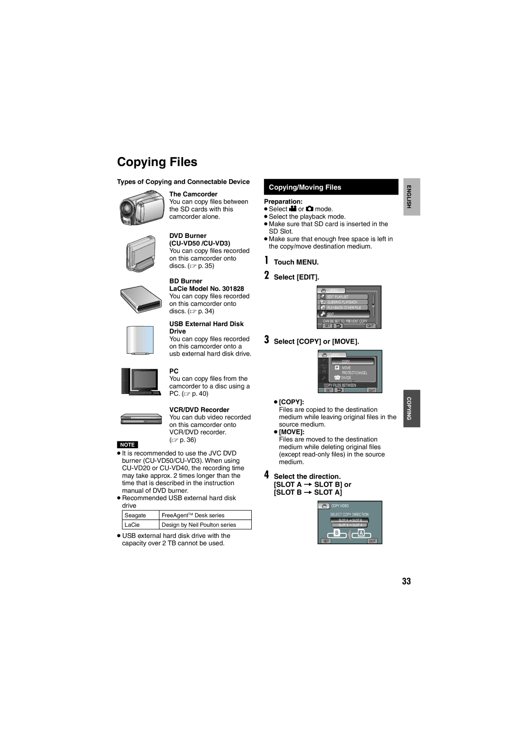 JVC LYT1997-001A-M, GZ-HM200 U Copying Files, Copying/Moving Files, Touch Menu Select Edit, Select Copy or Move 