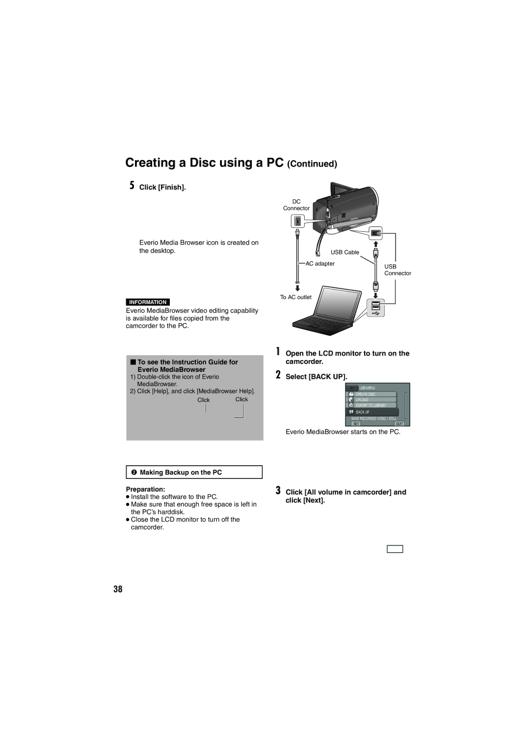 JVC GZ-HM200 U Click Finish, Click All volume in camcorder and click Next, Making Backup on the PC Preparation 