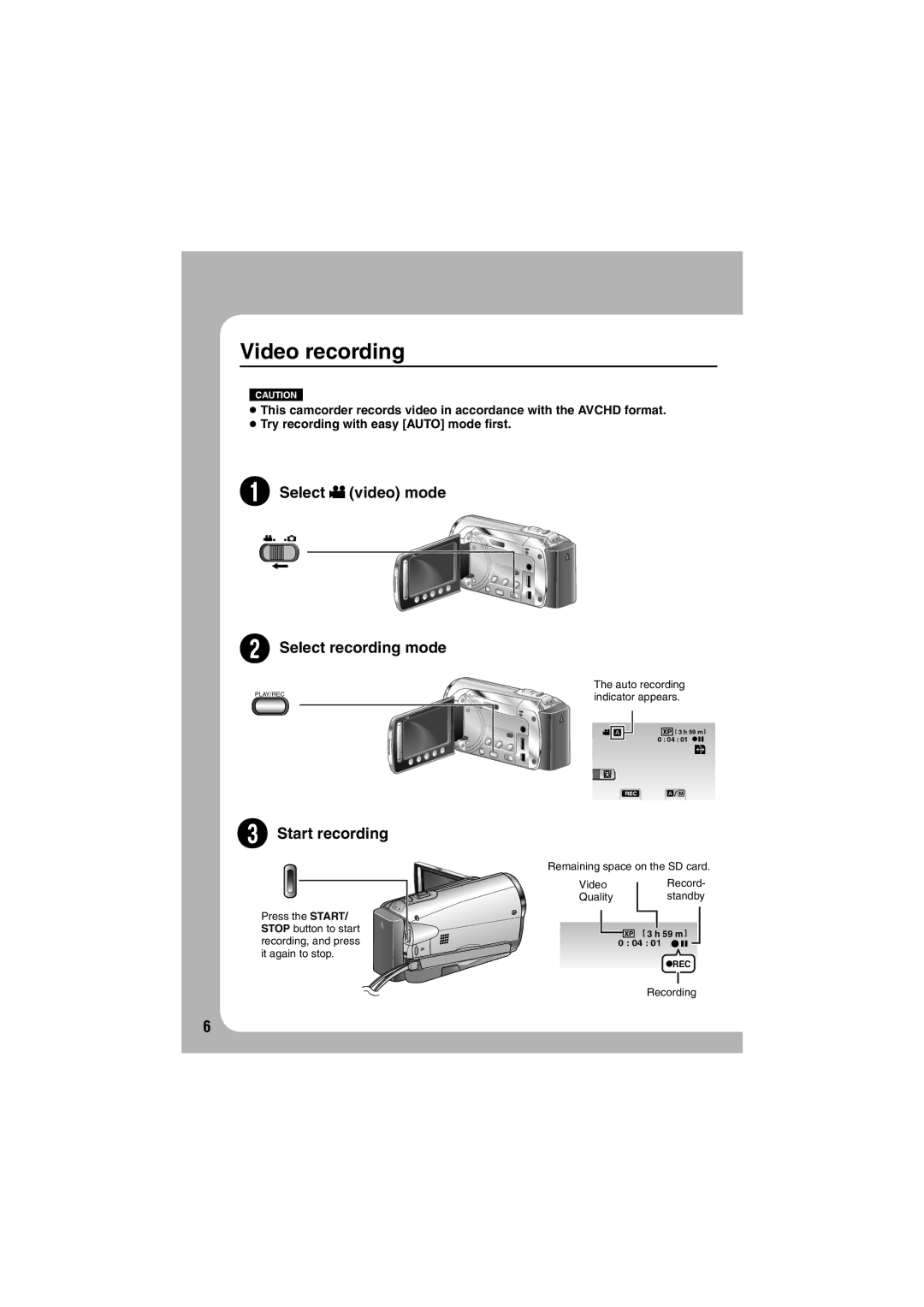 JVC GZ-HM200 U, LYT1997-001A-M instruction manual Video recording, Start recording 