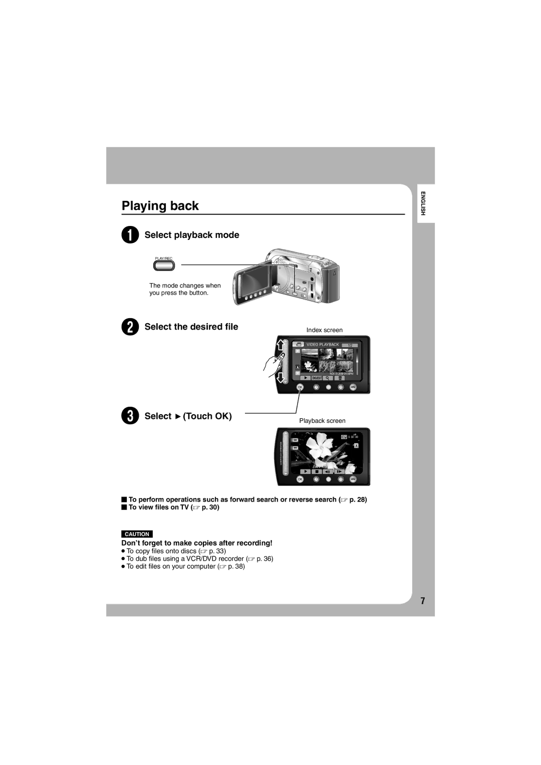 JVC LYT1997-001A-M, GZ-HM200 U instruction manual Playing back, Don’t forget to make copies after recording 