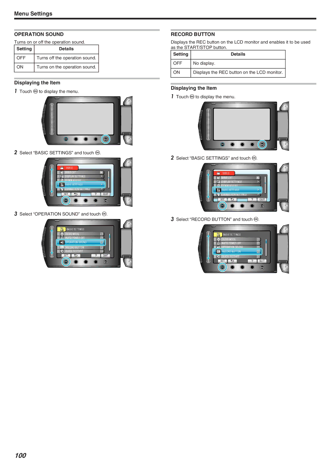 JVC GZ-HM340 manual 100, Operation Sound, Record Button 