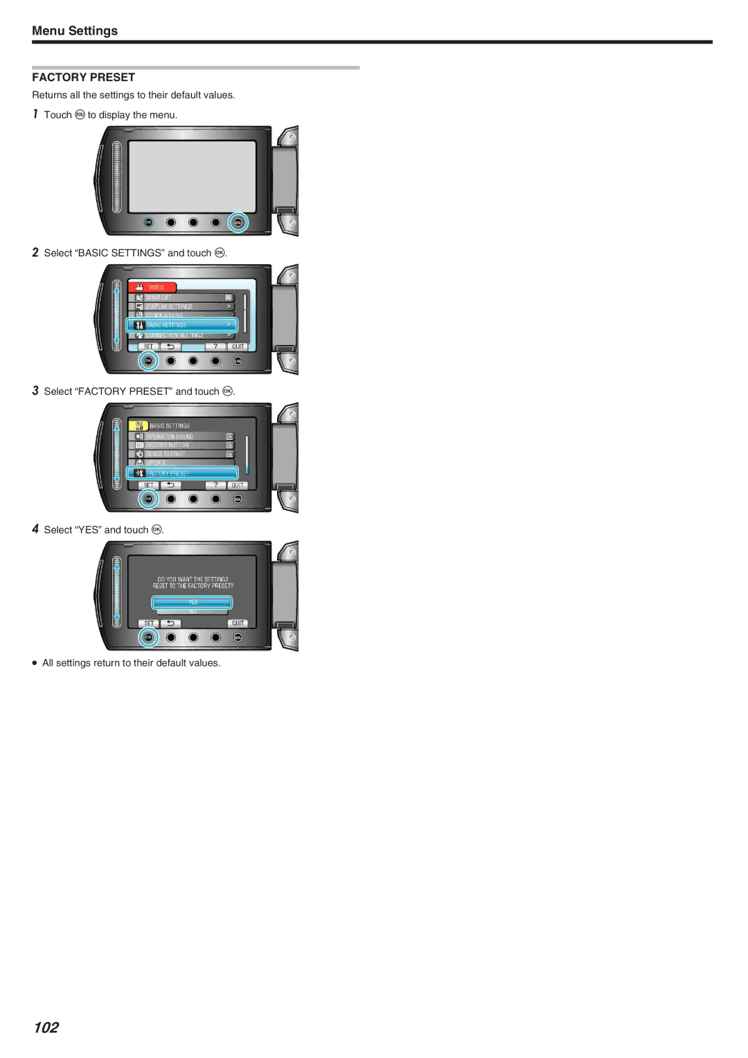 JVC GZ-HM340 manual 102, Factory Preset 