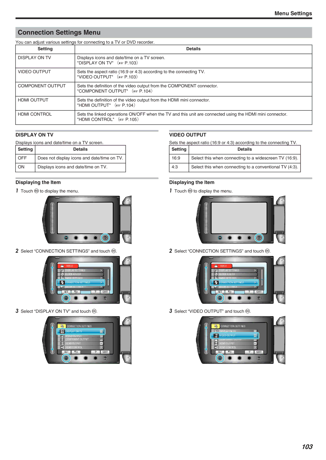 JVC GZ-HM340 manual Connection Settings Menu, 103, Display on TV, Video Output, Setting Details 169 