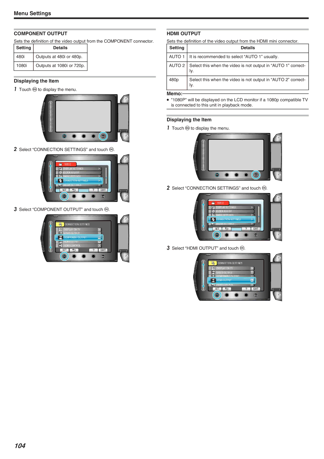 JVC GZ-HM340 manual 104, Component Output, Hdmi Output 