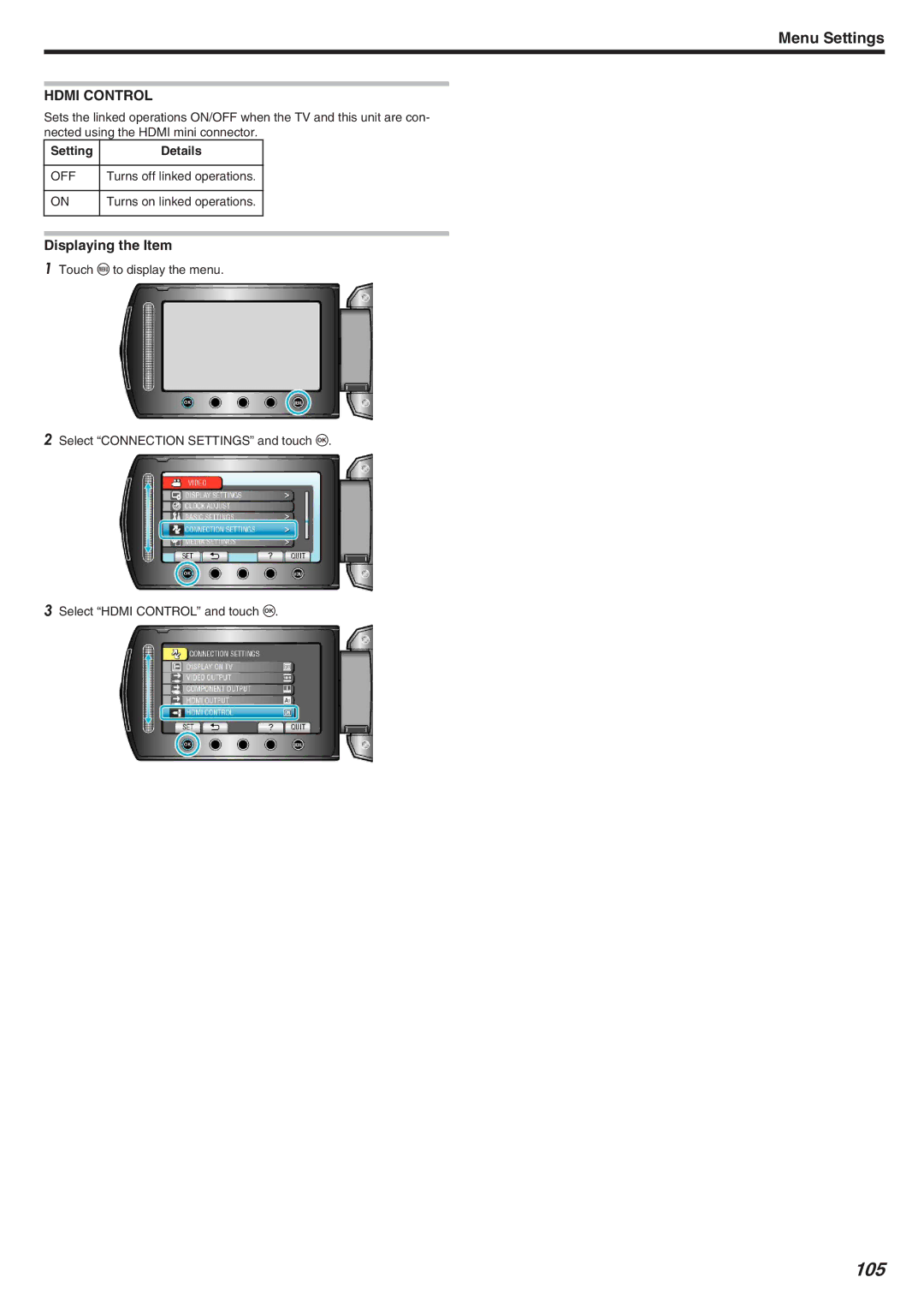 JVC GZ-HM340 manual 105, Hdmi Control 