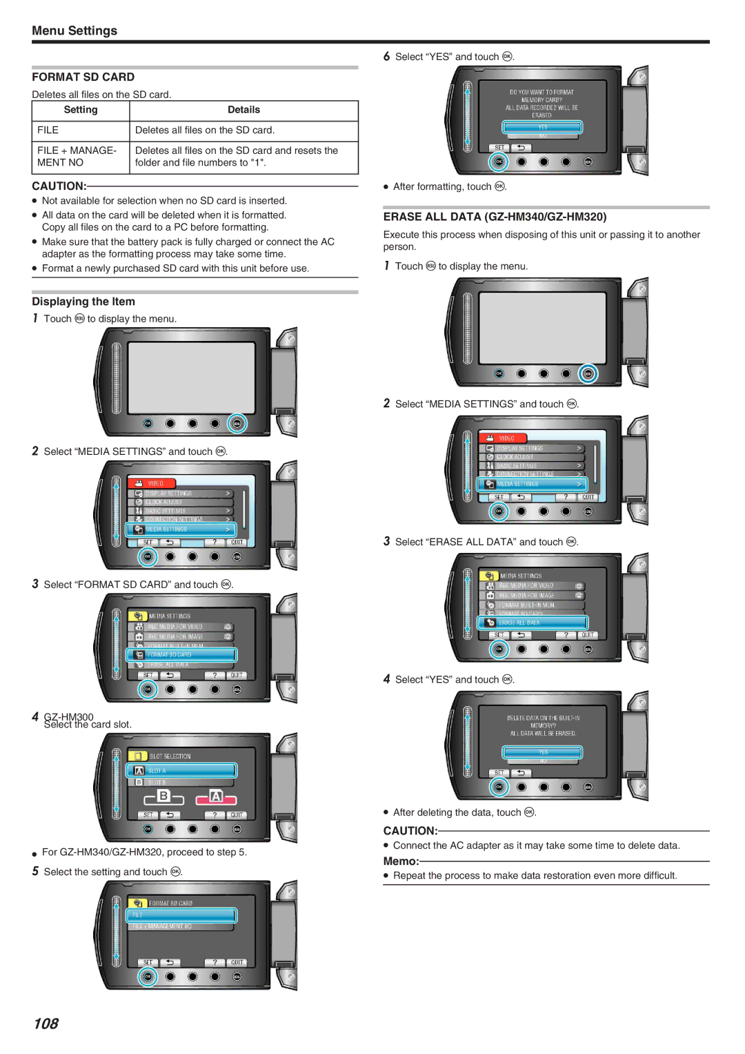 JVC manual 108, Format SD Card, Erase ALL Data GZ-HM340/GZ-HM320 