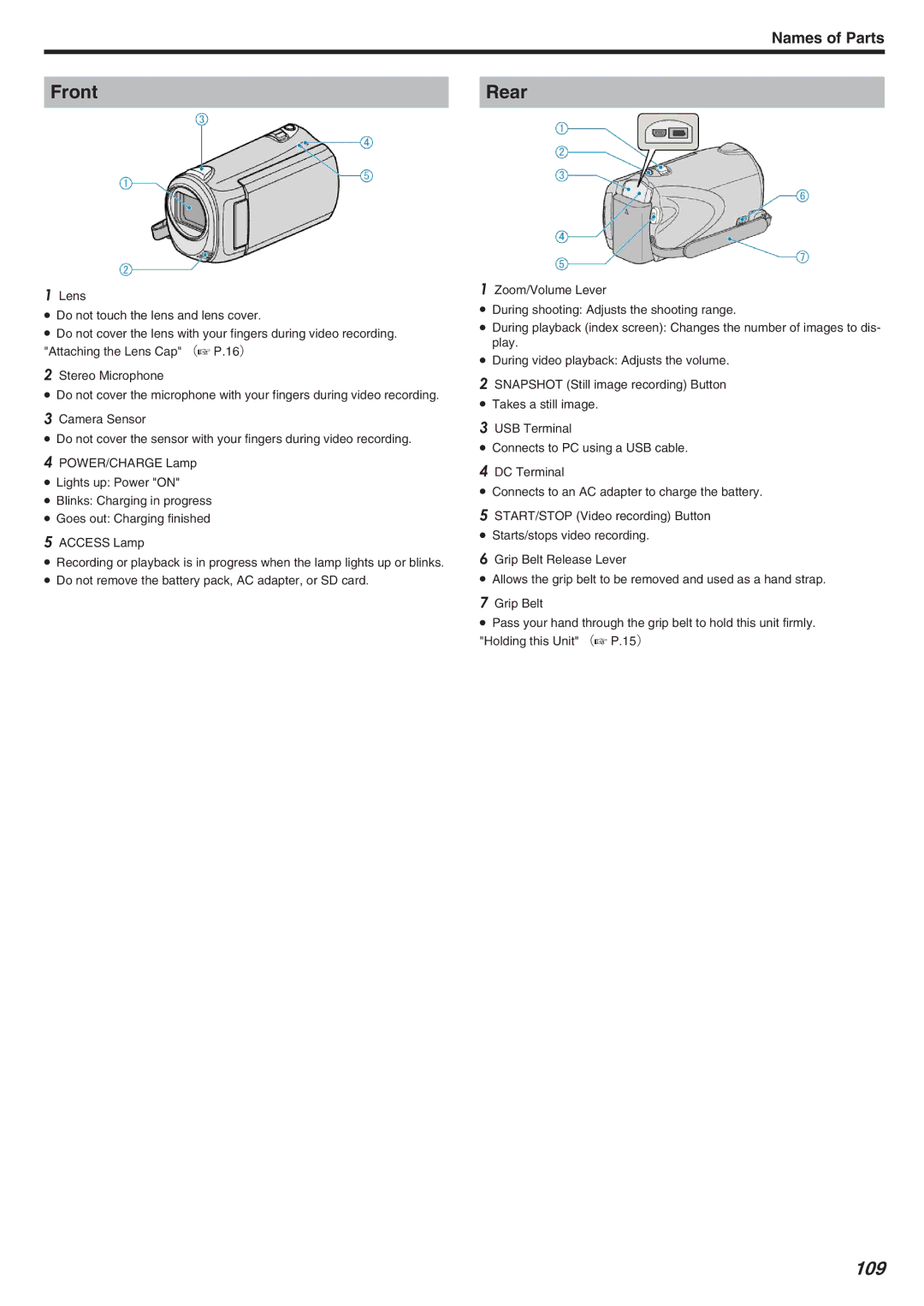 JVC GZ-HM340 manual Front Rear, 109 