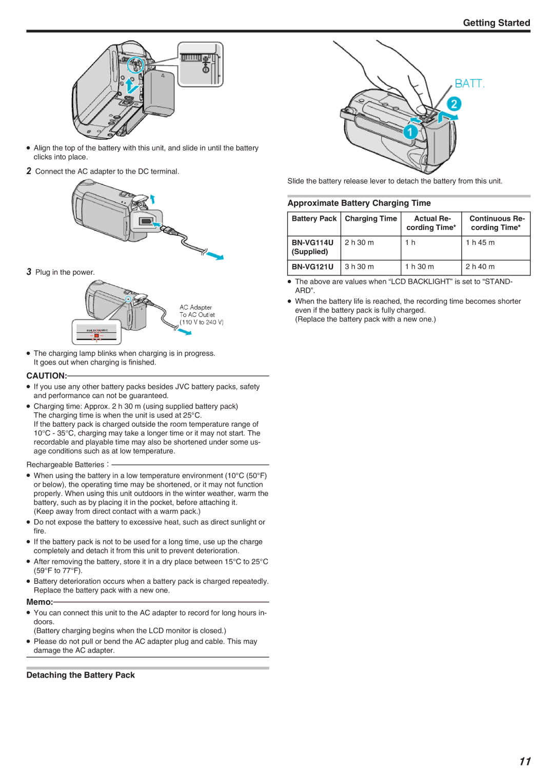 JVC GZ-HM340 manual Detaching the Battery Pack, Approximate Battery Charging Time 