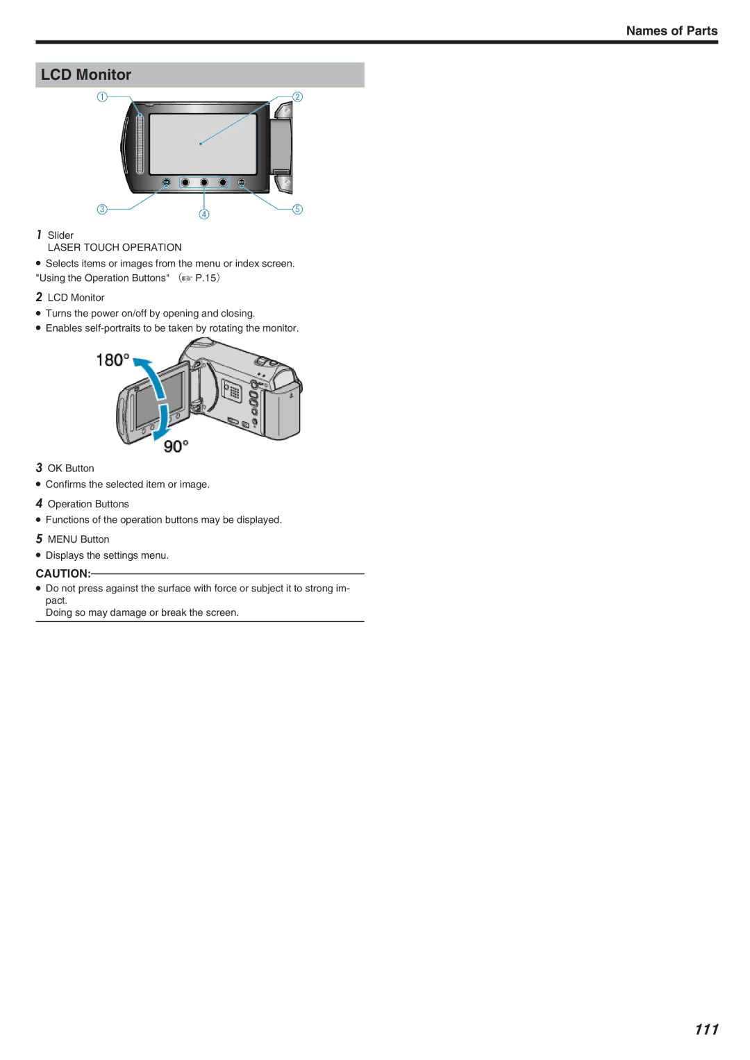 JVC GZ-HM340 manual LCD Monitor, 111, Laser Touch Operation 