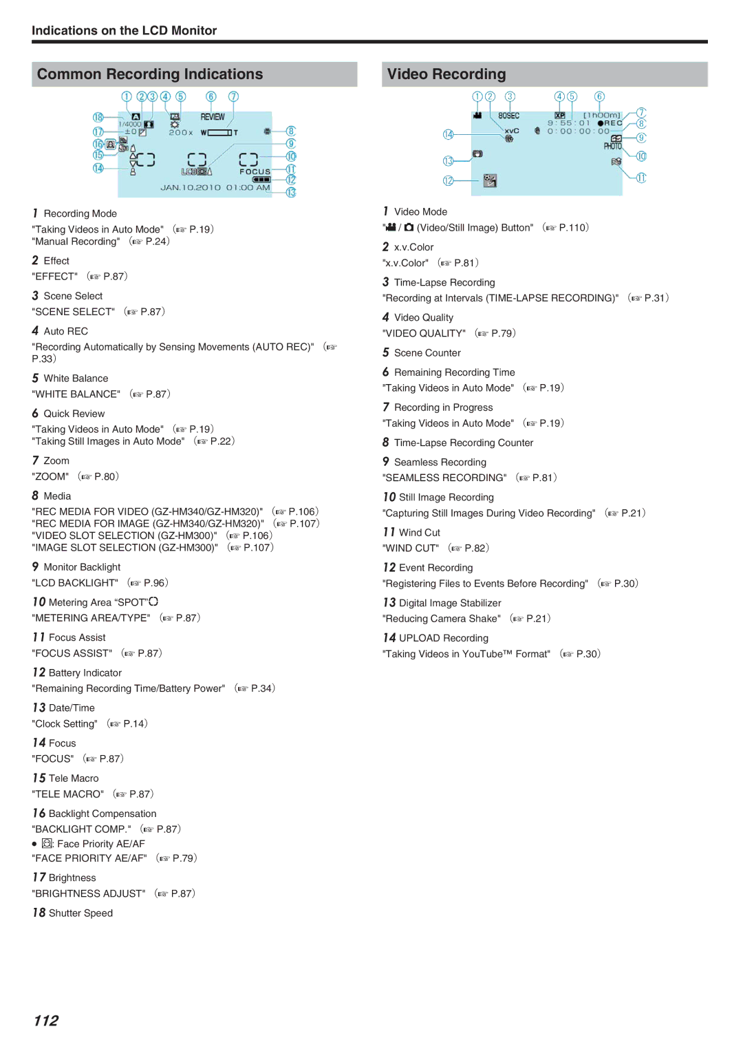 JVC GZ-HM340 manual Common Recording Indications Video Recording, 112 