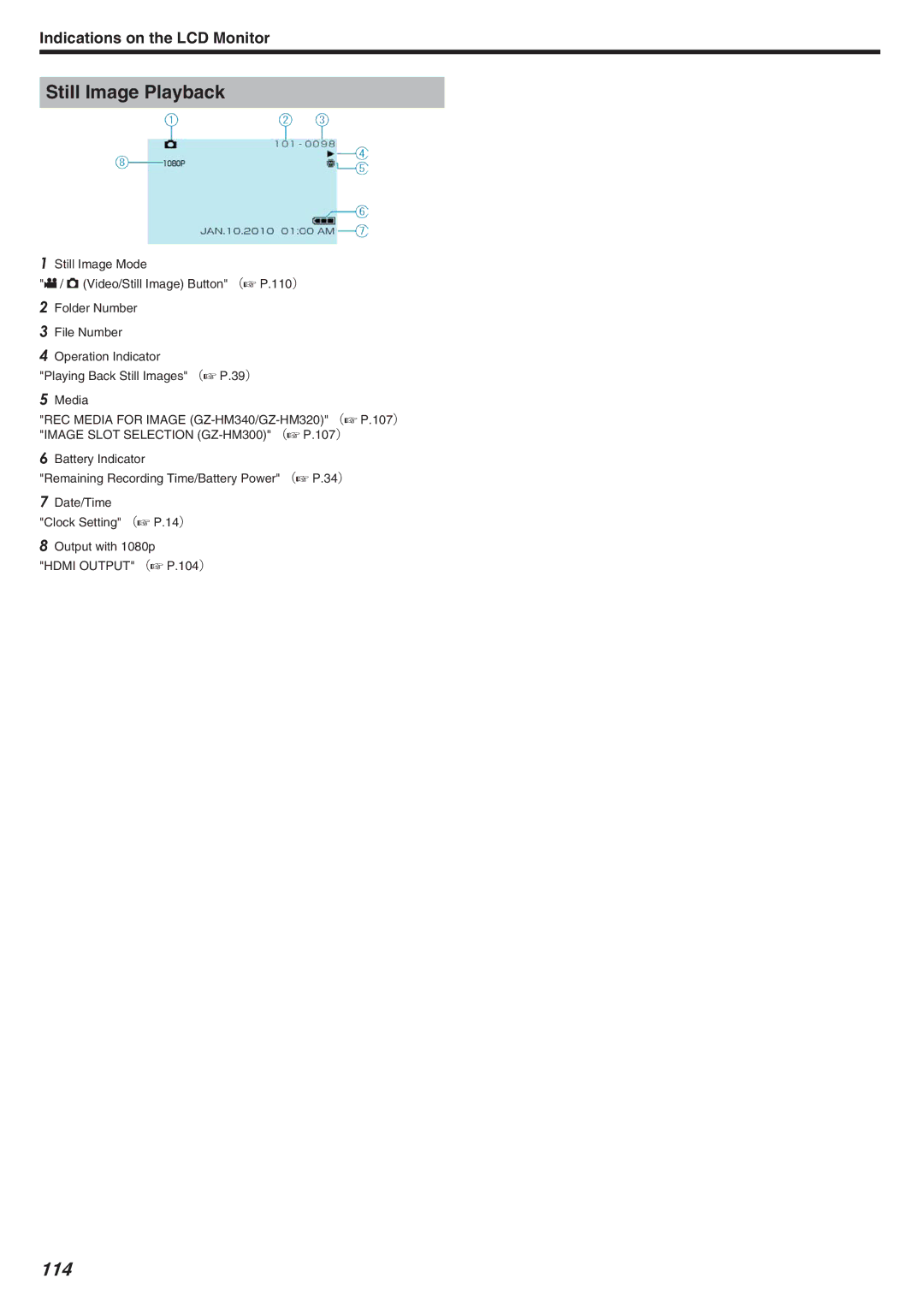 JVC GZ-HM340 manual Still Image Playback, 114 