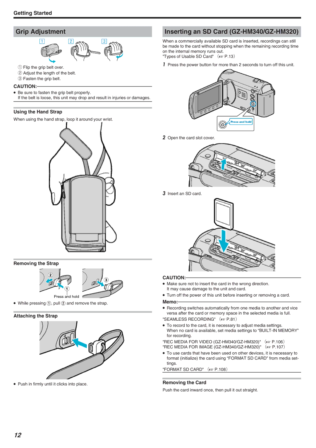 JVC manual Grip Adjustment, Inserting an SD Card GZ-HM340/GZ-HM320 