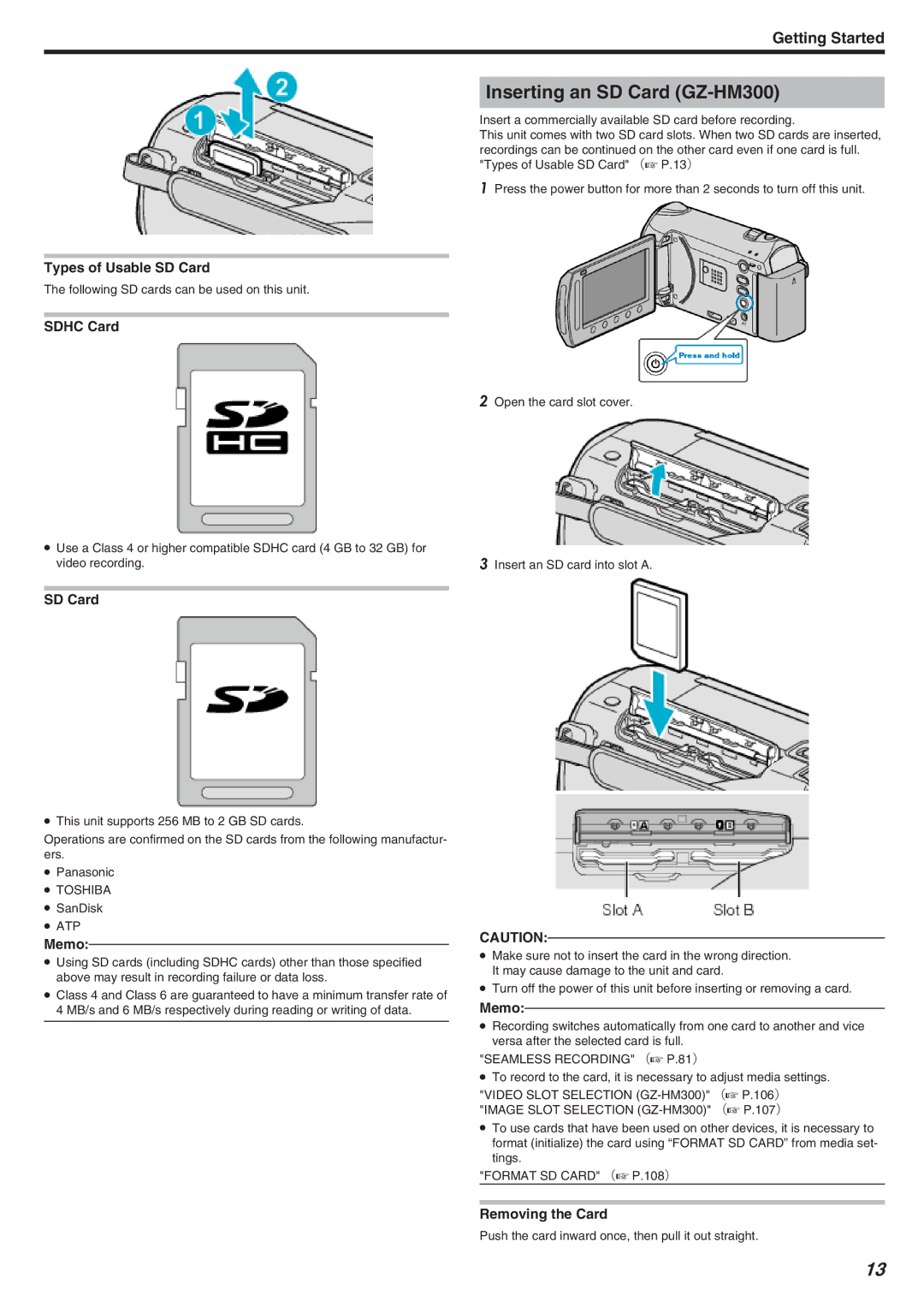 JVC GZ-HM340 manual Inserting an SD Card GZ-HM300, Types of Usable SD Card, Sdhc Card 