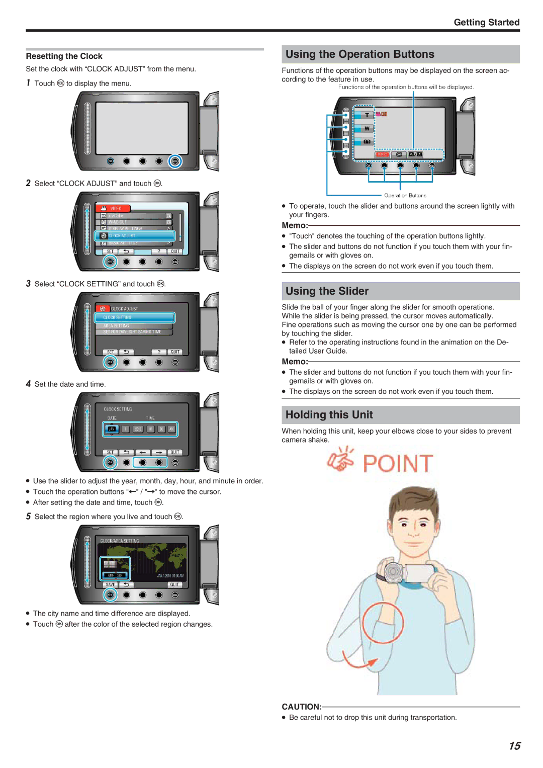 JVC GZ-HM340 manual Using the Operation Buttons, Using the Slider, Holding this Unit, Resetting the Clock 