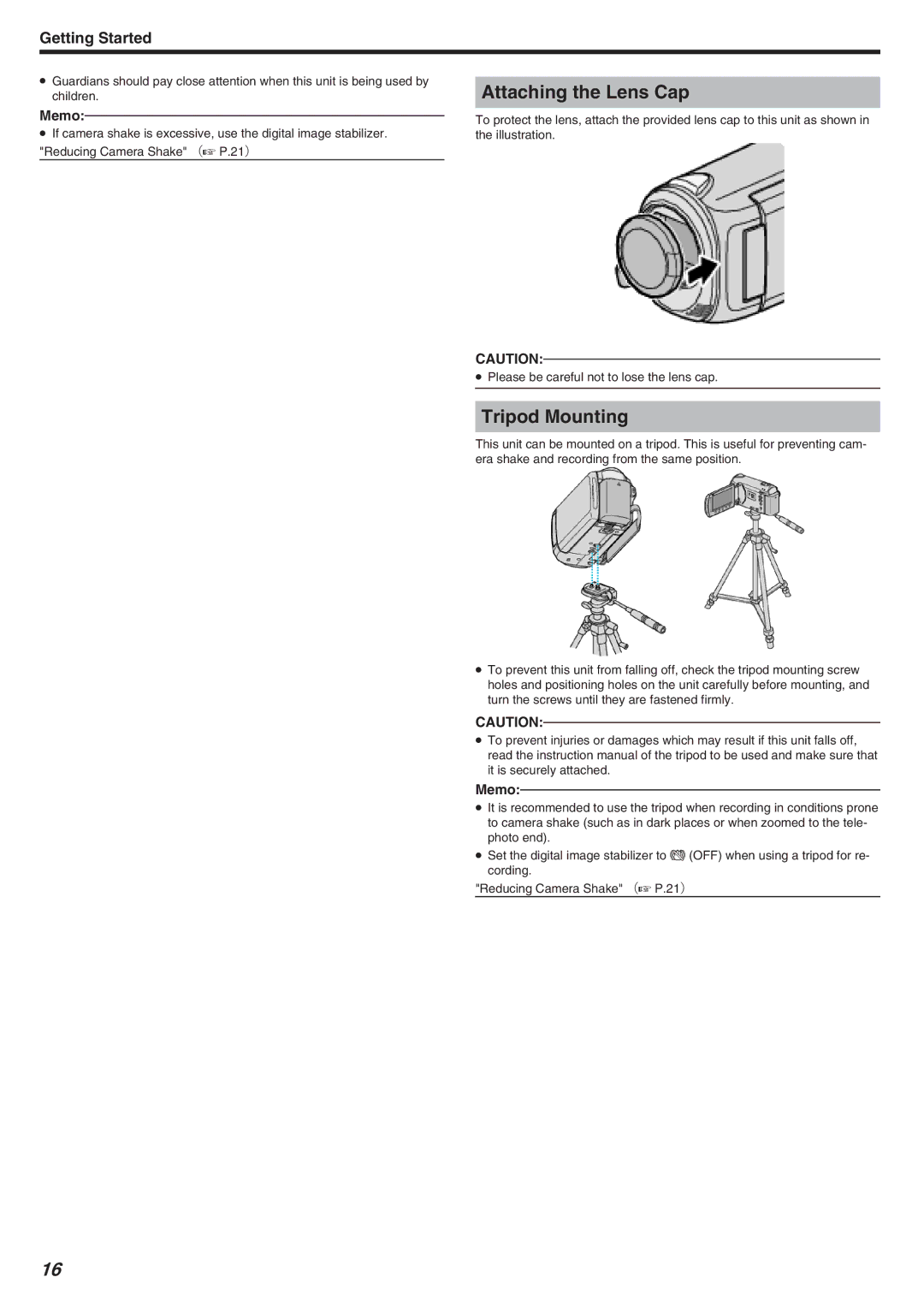 JVC GZ-HM340 manual Attaching the Lens Cap, Tripod Mounting 