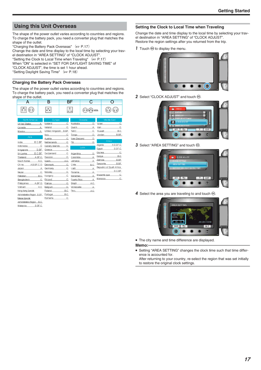 JVC GZ-HM340 Using this Unit Overseas, Charging the Battery Pack Overseas, Setting the Clock to Local Time when Traveling 