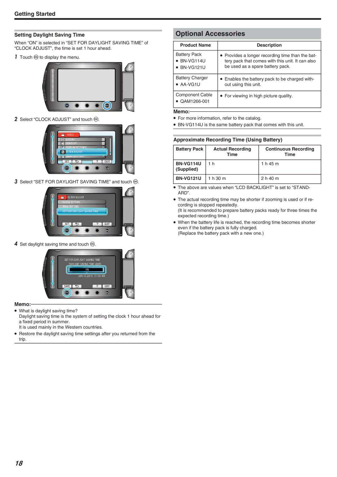 JVC GZ-HM340 manual Optional Accessories, Setting Daylight Saving Time, Approximate Recording Time Using Battery 