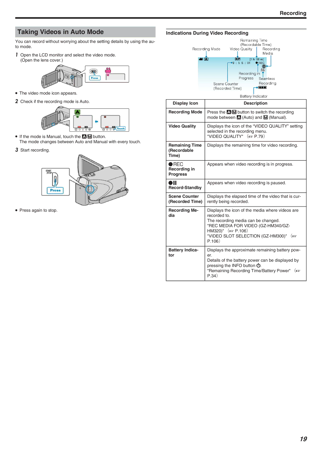 JVC GZ-HM340 manual Taking Videos in Auto Mode, Indications During Video Recording 