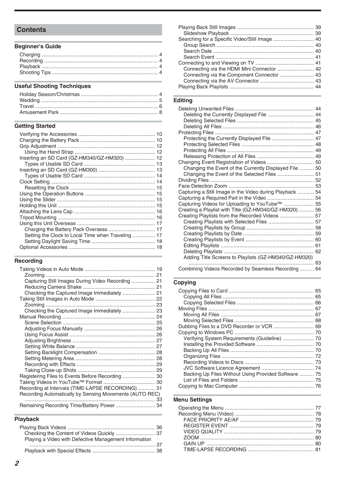 JVC GZ-HM340 manual Contents 